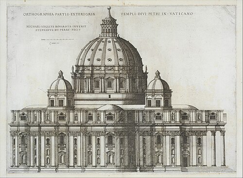 Architectural engraving of the façade and dome of Saint Peter’s Basilica