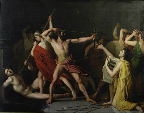 Classical painting of Odysseus preparing to fire an arrow among figures from the Odyssey